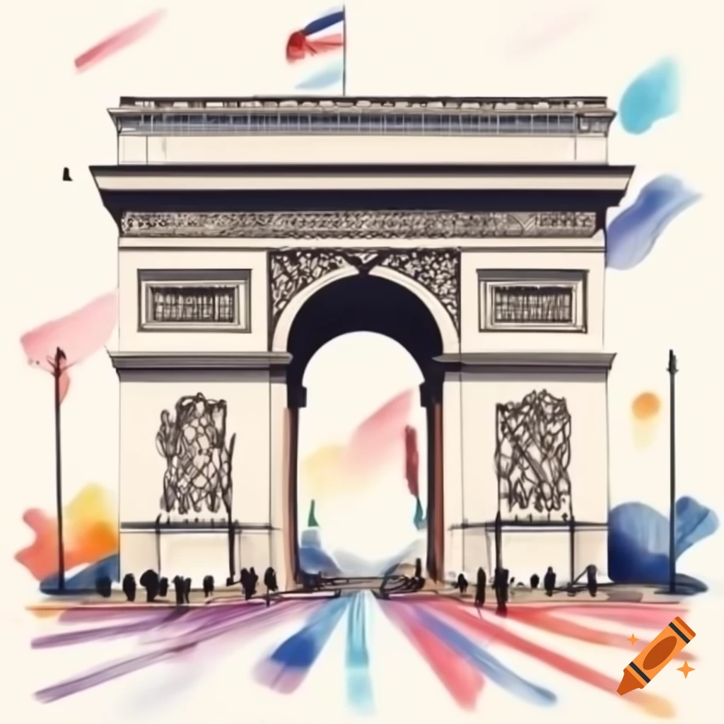 Arc de Triomphe against a bright blue gradient background with a vibrant flag