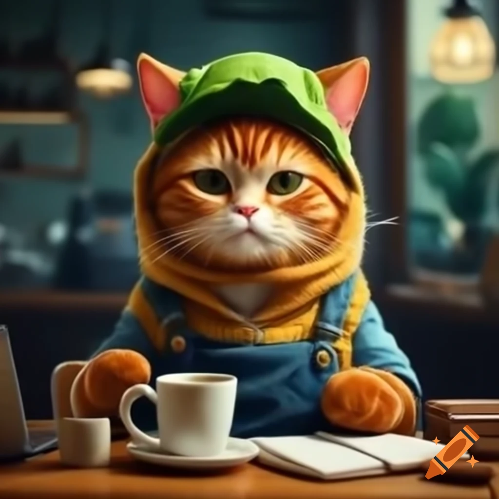 Whimsical orange cat in cute clothing working at coffee shop