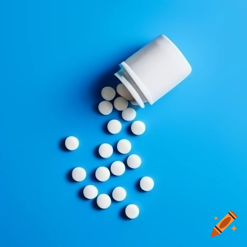 Pills spilling from a bottle isolated on blue background, medicine concept