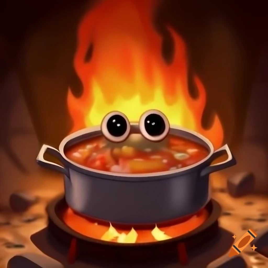 Cute spider cooking stew in iron pot over fire on craiyon