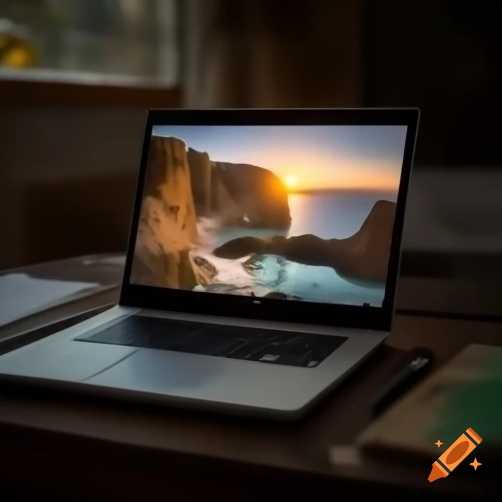 Hyper-realistic 8k image of a laptop during sunset