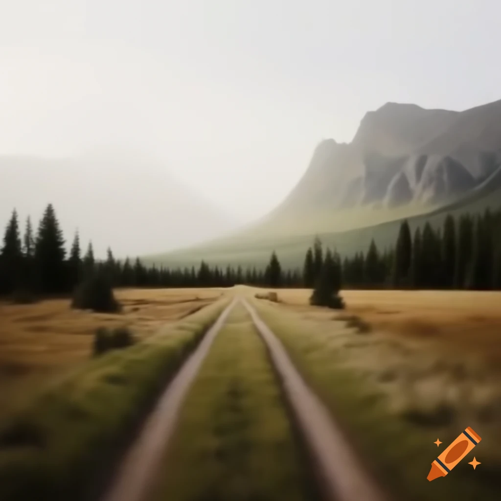 Wagon trail on grassy plain with mountains and trees