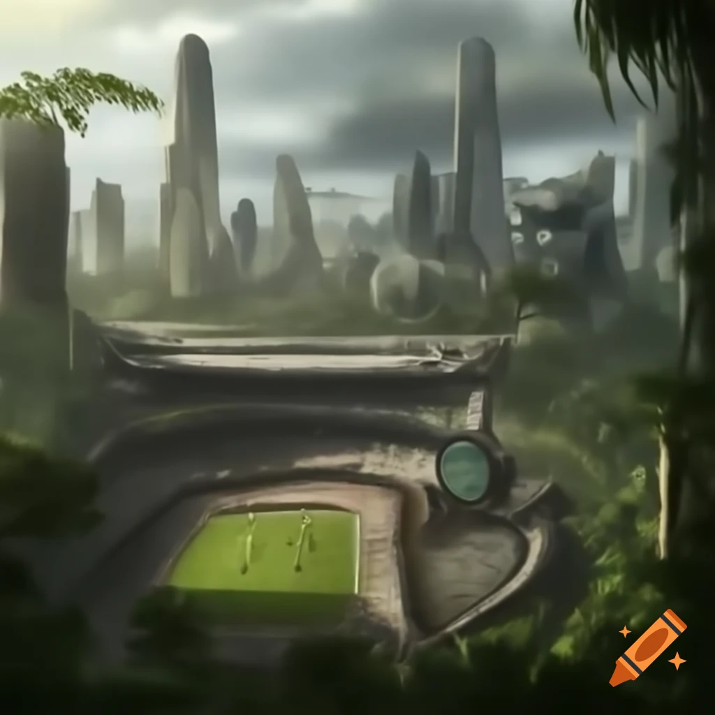 Modern and ancient buildings in a jungle city with an old sports stadium