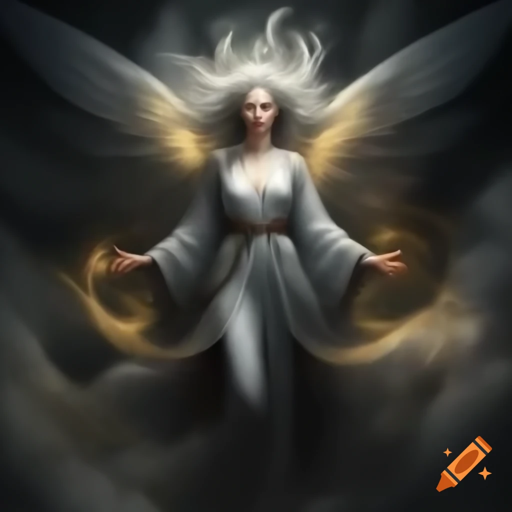 Mysterious figure in grey robes with wings summoning golden energies
