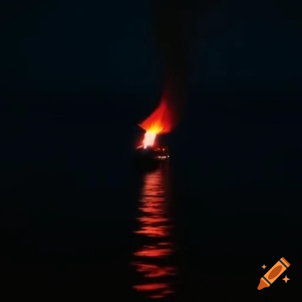 Small boat at night launching red flare illuminating the sea
