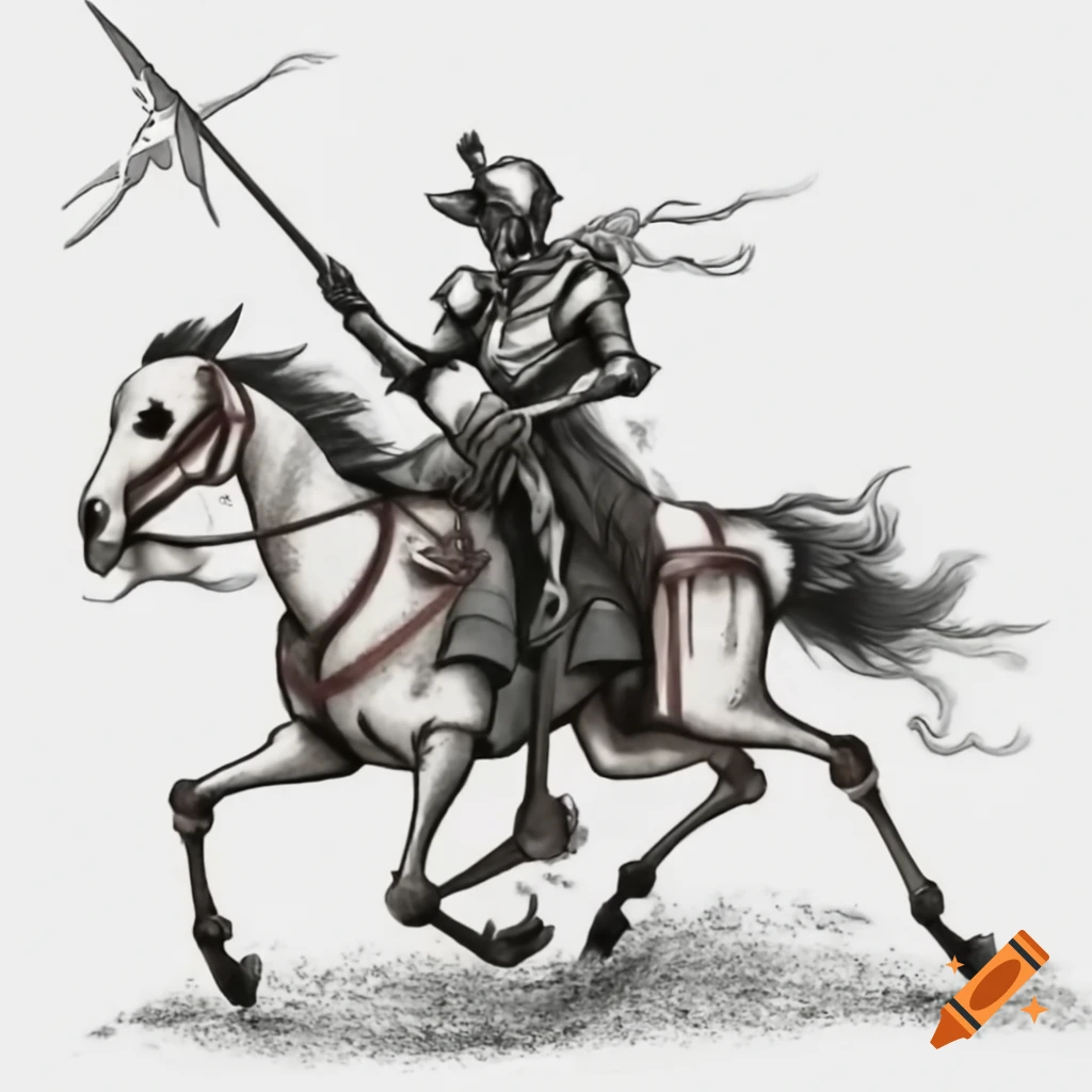 Skeleton Don Quixote in armor riding skeletal horse, hand-drawn sketch