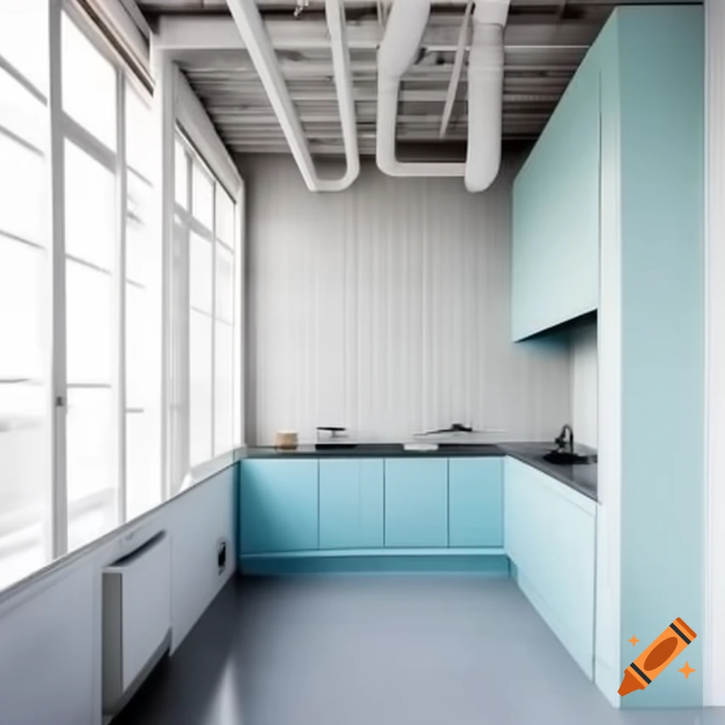 Modern kitchen with azure wall units and light grey rock effect floor