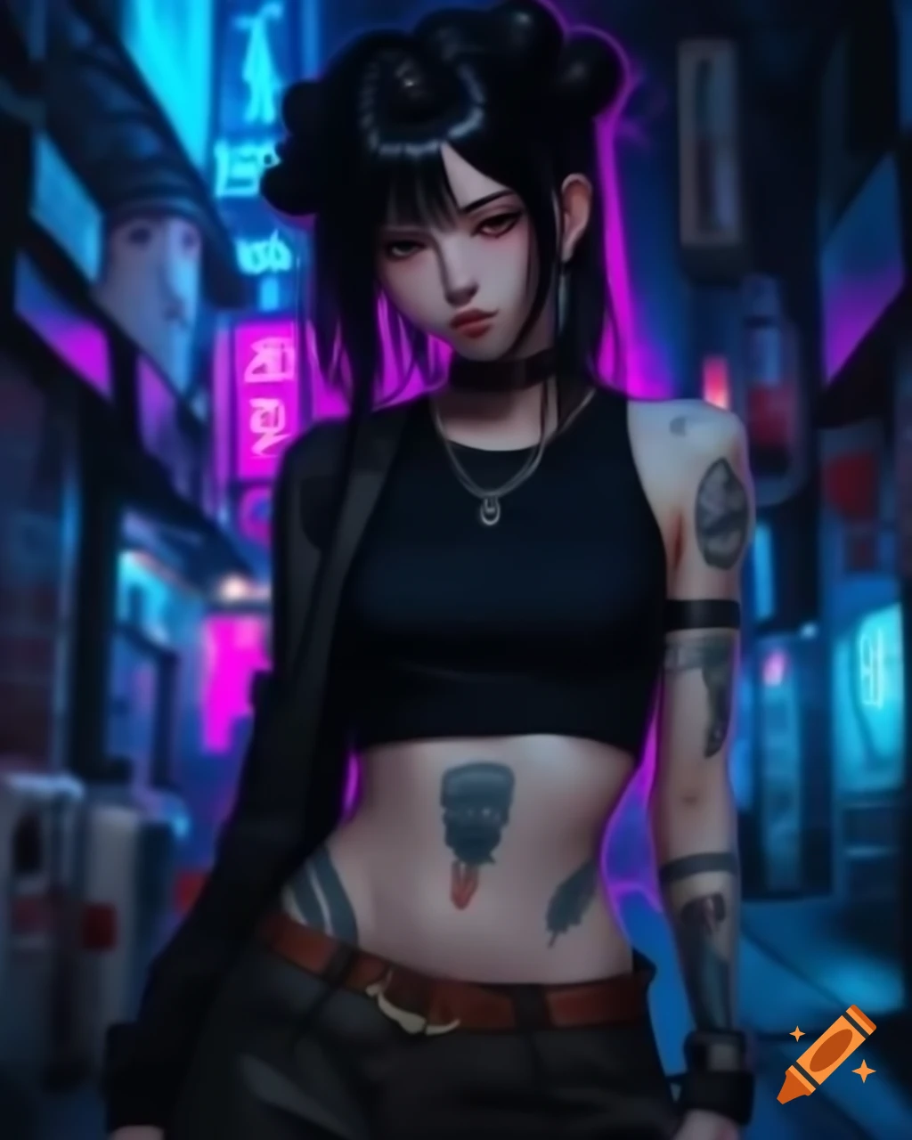 Punk-inspired young woman in dystopic fashion with black hair and crop top