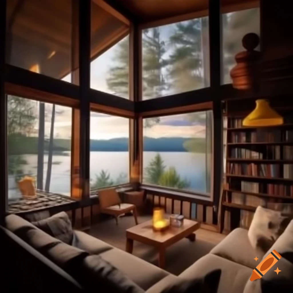 Cozy wooden cottage interior with lake view, fireplace, and warm lighting