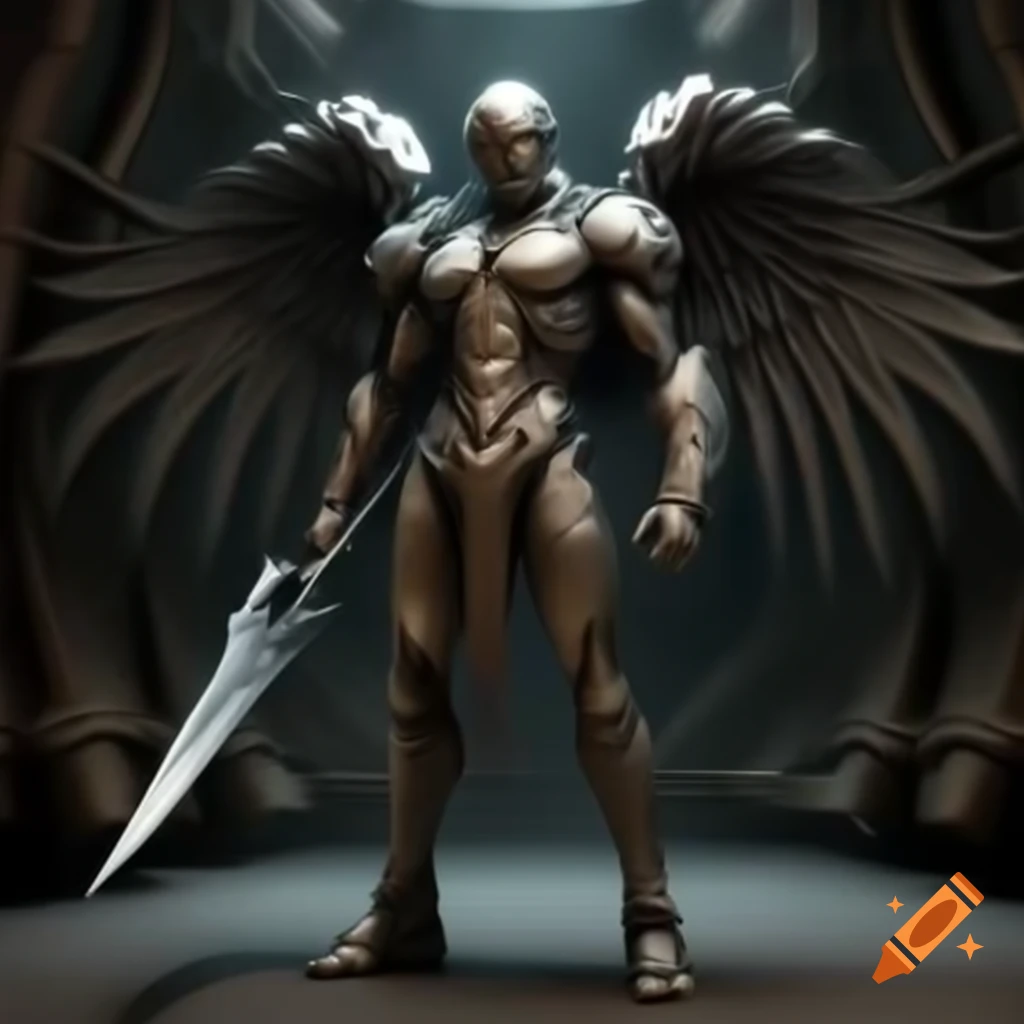 Futuristic metallic angel holding black scythe in large metal room