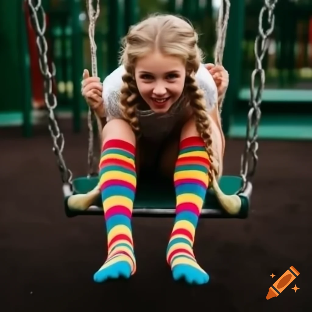 Woman with blonde braids swinging in playground, colorful striped ankle socks visible
