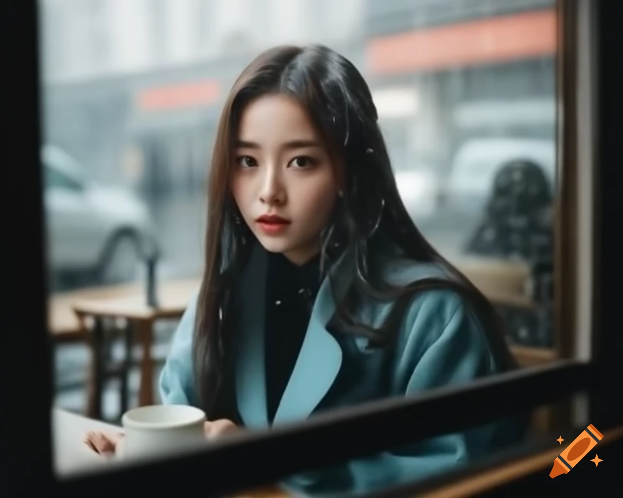 Asian woman in light blue coat watching rain through cafe window, close-up