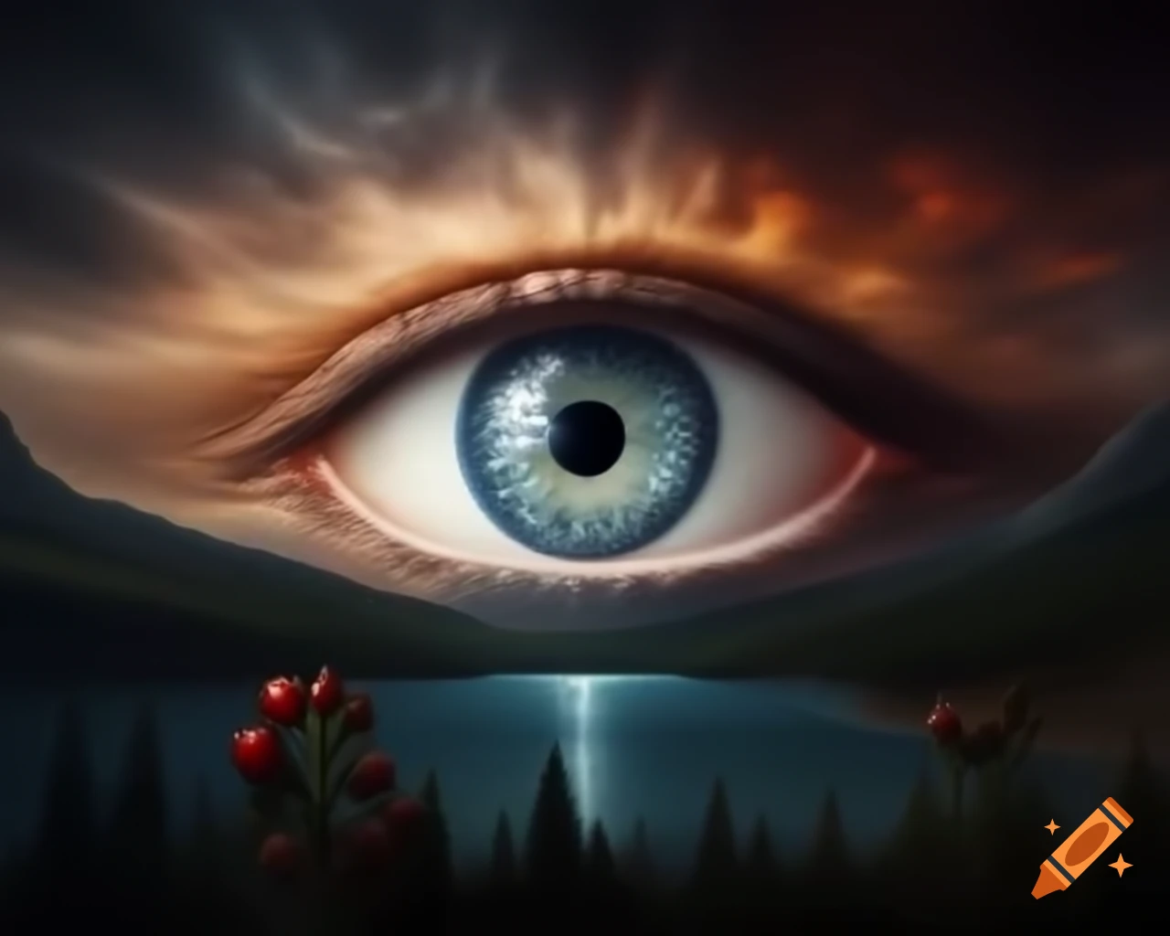 Surreal landscape with mountain range, giant eye, and field of tomatoes