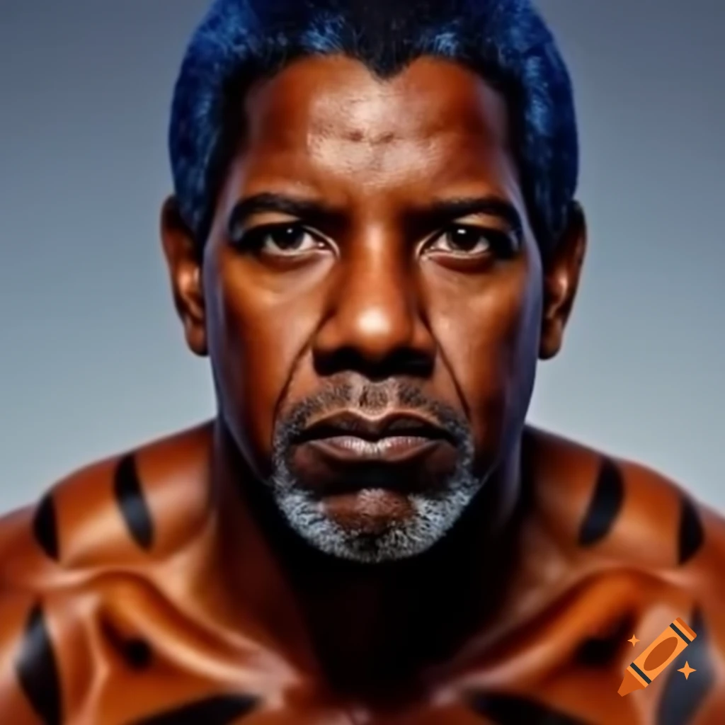 Muscular man with tiger-style makeup featuring blue hair and orange skin