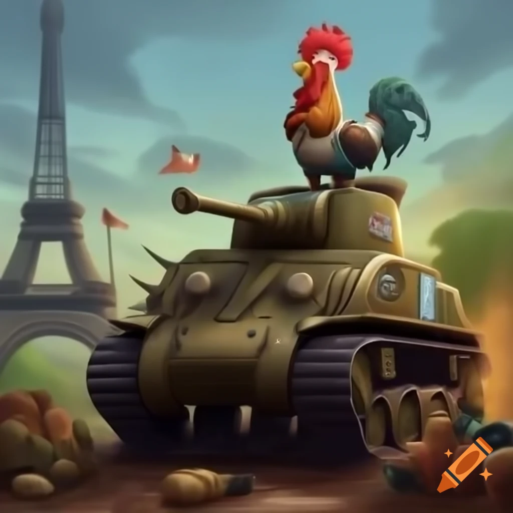 Cartoon rooster in soldier uniform commanding tank during zombie war with Eiffel Tower in background