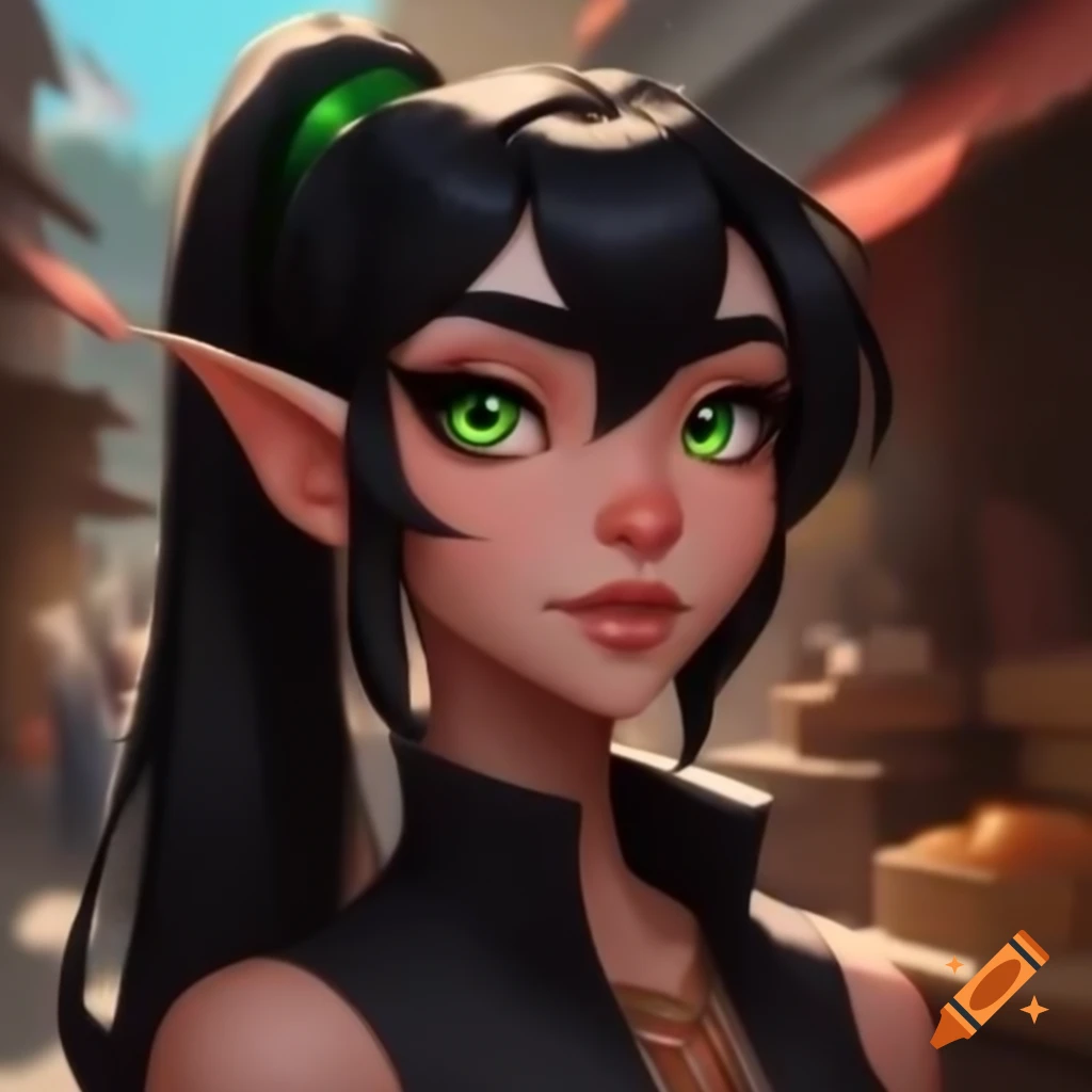 Confident woman with black ponytail and green eyes in vibrant market