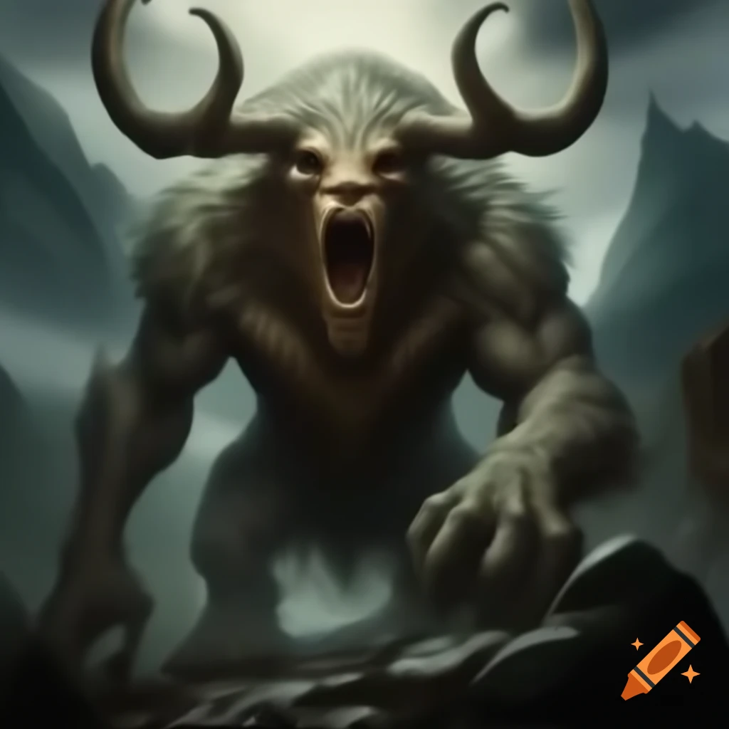 Hulderbeast, a massive horned creature resembling a stag and bear in misty highlands