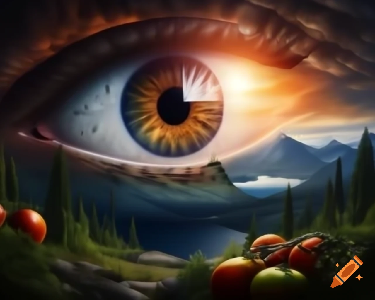 Surreal landscape with mountain range, giant eye, and field of tomatoes