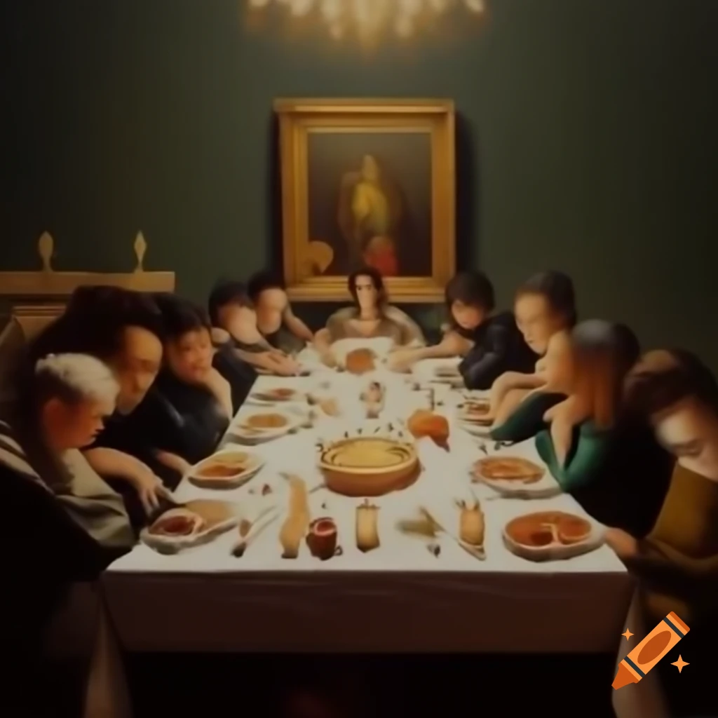 Twelve people at long table enjoying a festive feast, illuminated by candles, oil painting style