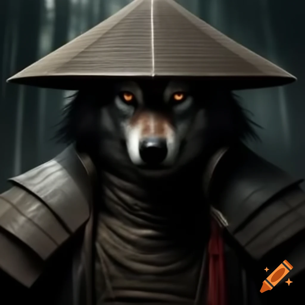 Ronin with wolf head wearing bamboo hat in shadow