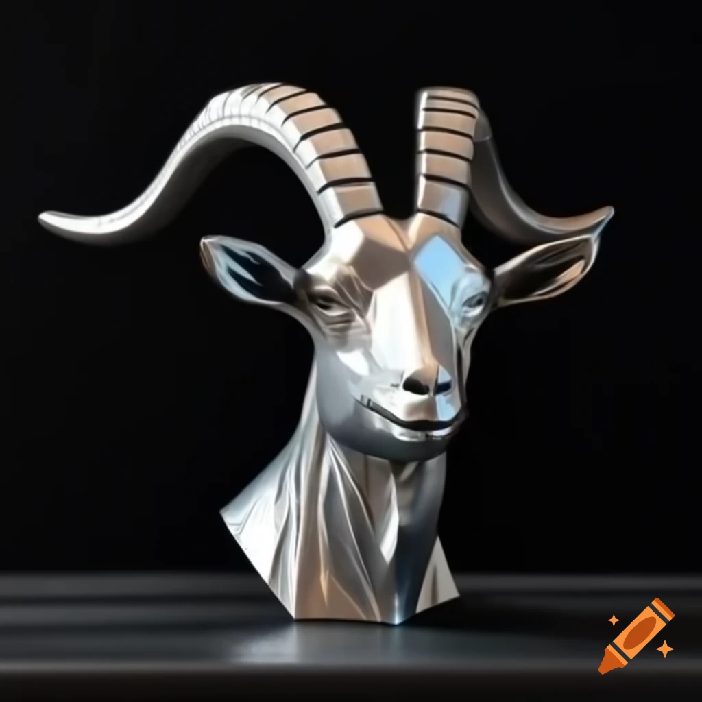 Sleek polygonal bust of a shimmering silver goat against black background
