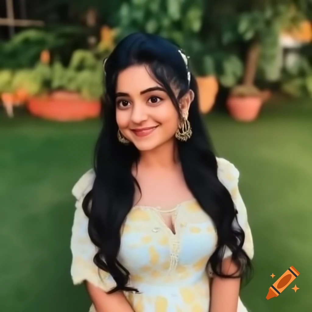 Portrait of smiling Indian woman in traditional saree in garden