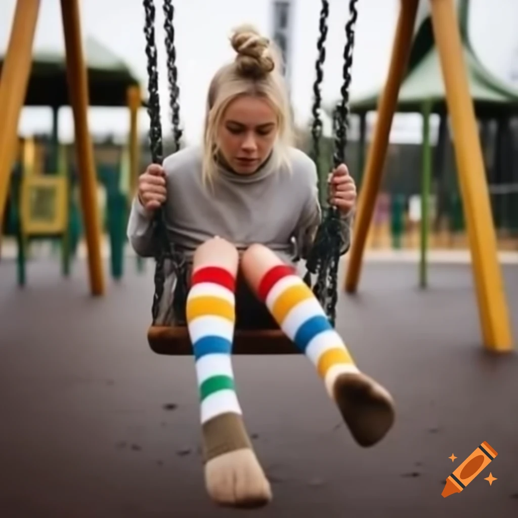 Woman with blonde braids swinging in playground displaying colorful ankle socks