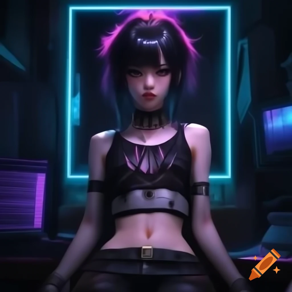 Punk-inspired young woman in dystopic fashion, black hair and lowrise pants