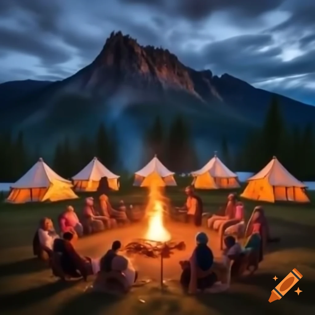 Adventurers gathered around campfire with tents in mountain setting