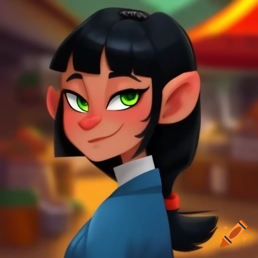 Confident woman with black ponytail and green eyes in vibrant market