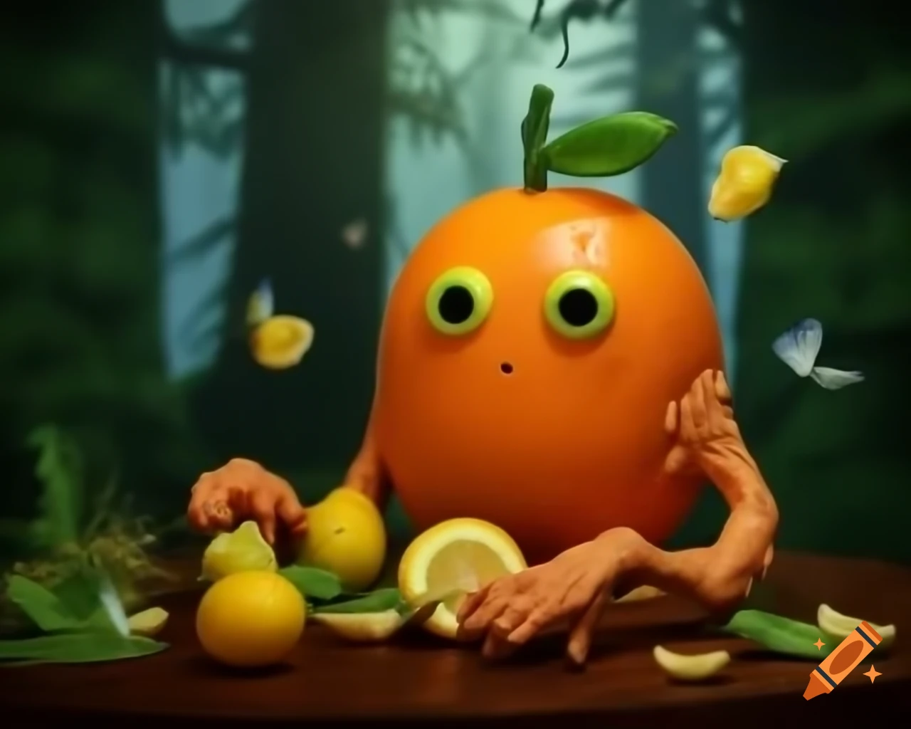 3D illustration of orange fruit tree monster with lemon face in forest setting