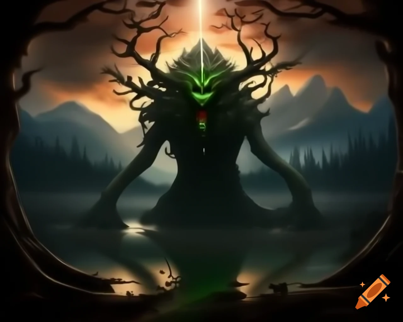 Tree monster in dark fantasy forest near mountain lake