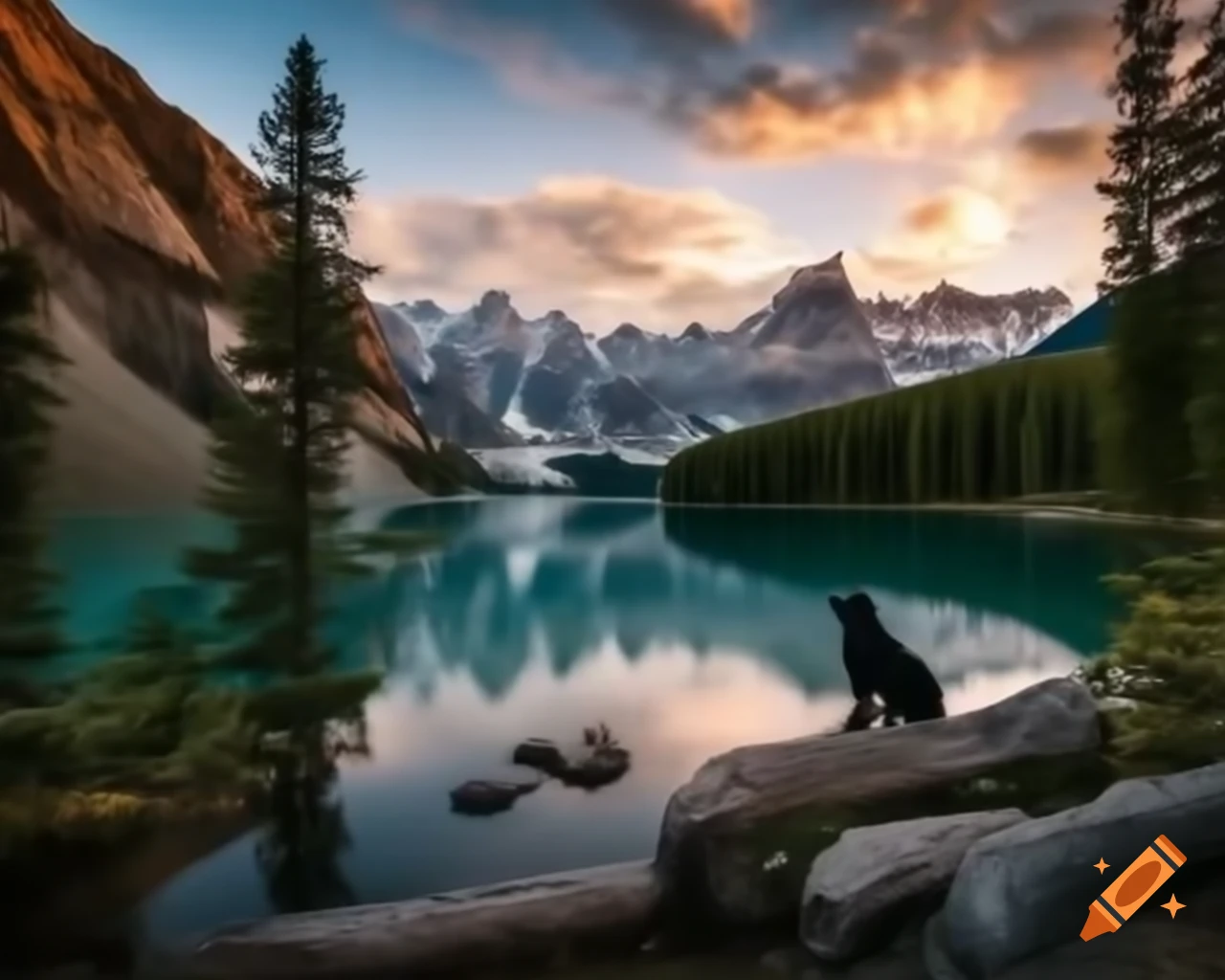 Realistic nature photography of black Labrador retriever by lake with mountains and trees