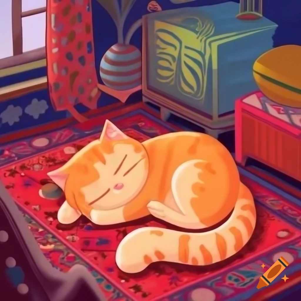 Ginger cat sleeping on colorful Persian carpet in room