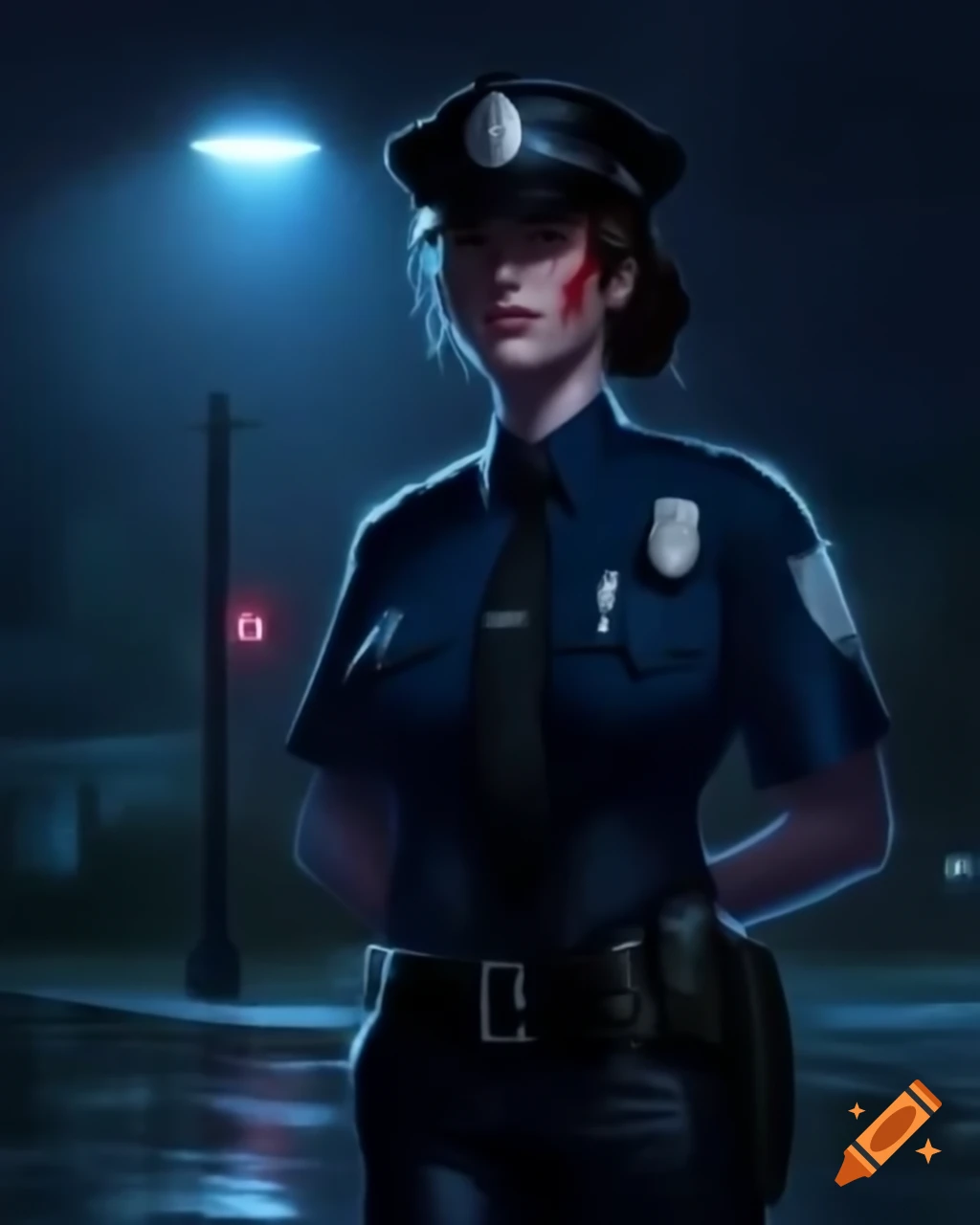 Woman in police detective uniform under streetlight holding blood-stained mask