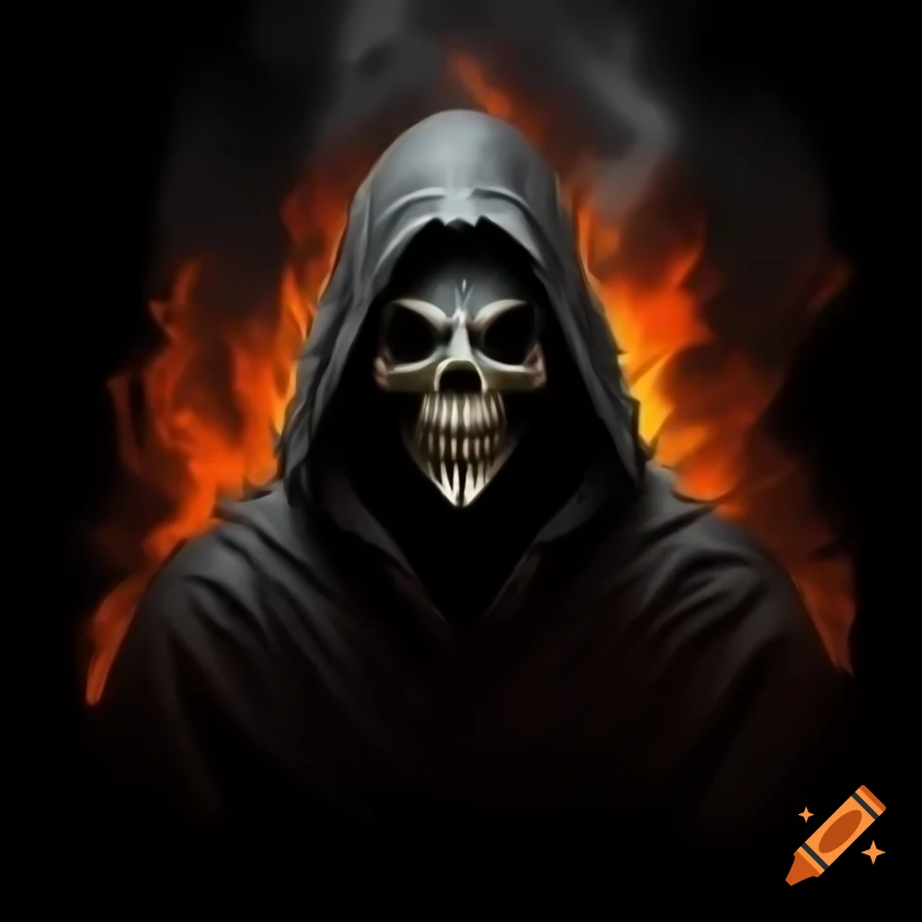 Silhouette of reaper in hood surrounded by flames
