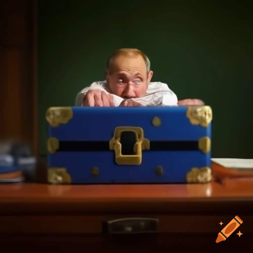 Shocked expression of Vladimir Putin looking at a swollen suitcase