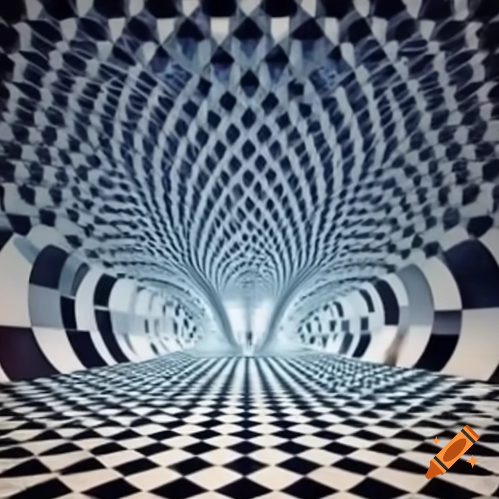 Hyperbolic expansive space depicting bending space-time with multicolored checkerboard floor