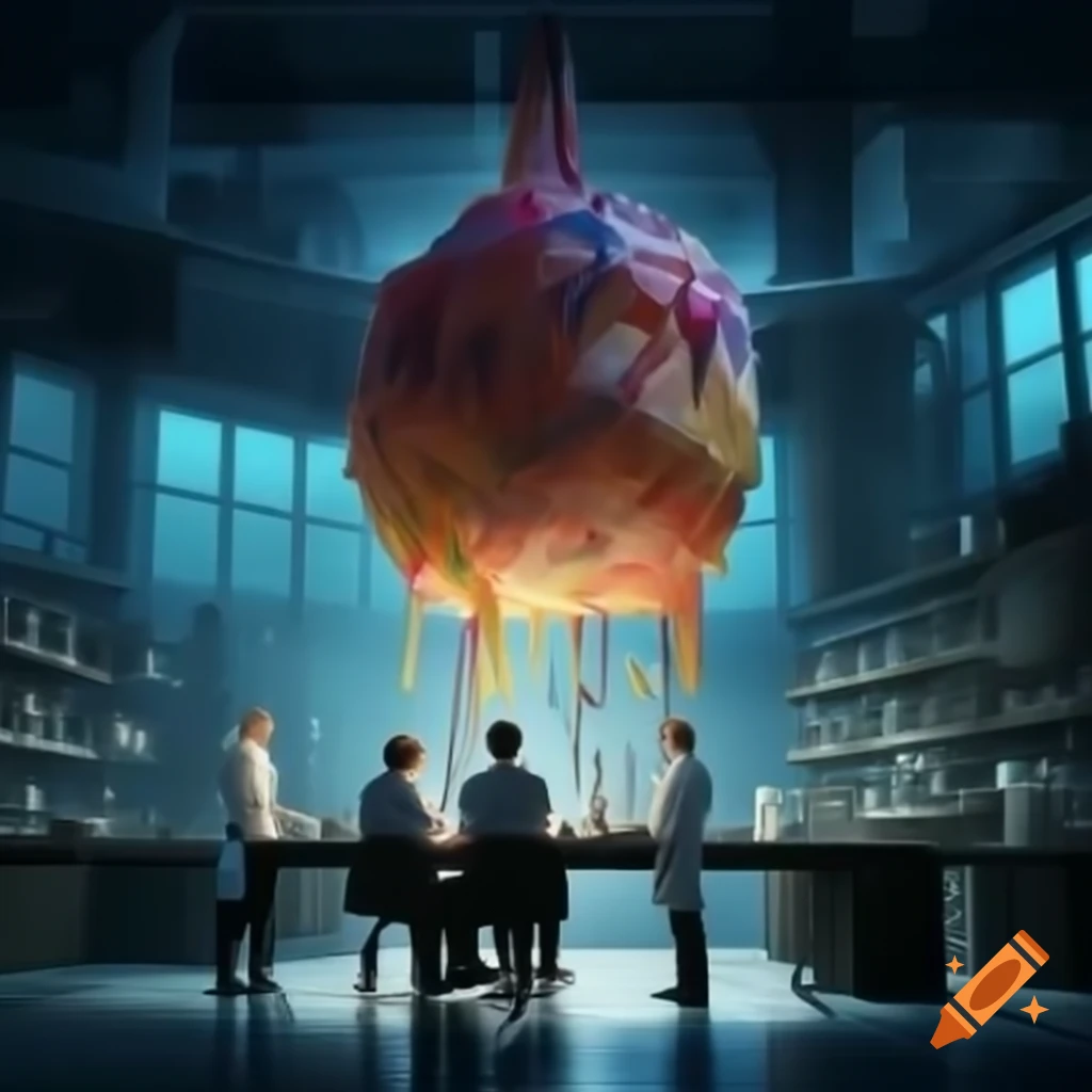 Researchers studying large pinata in futuristic laboratory setting