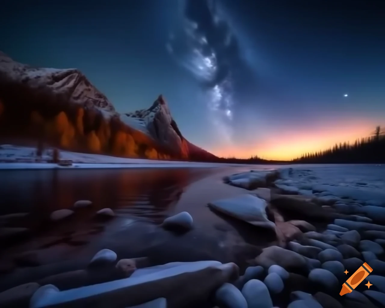 Snow-capped mountains with river valley and galaxy stars at dawn
