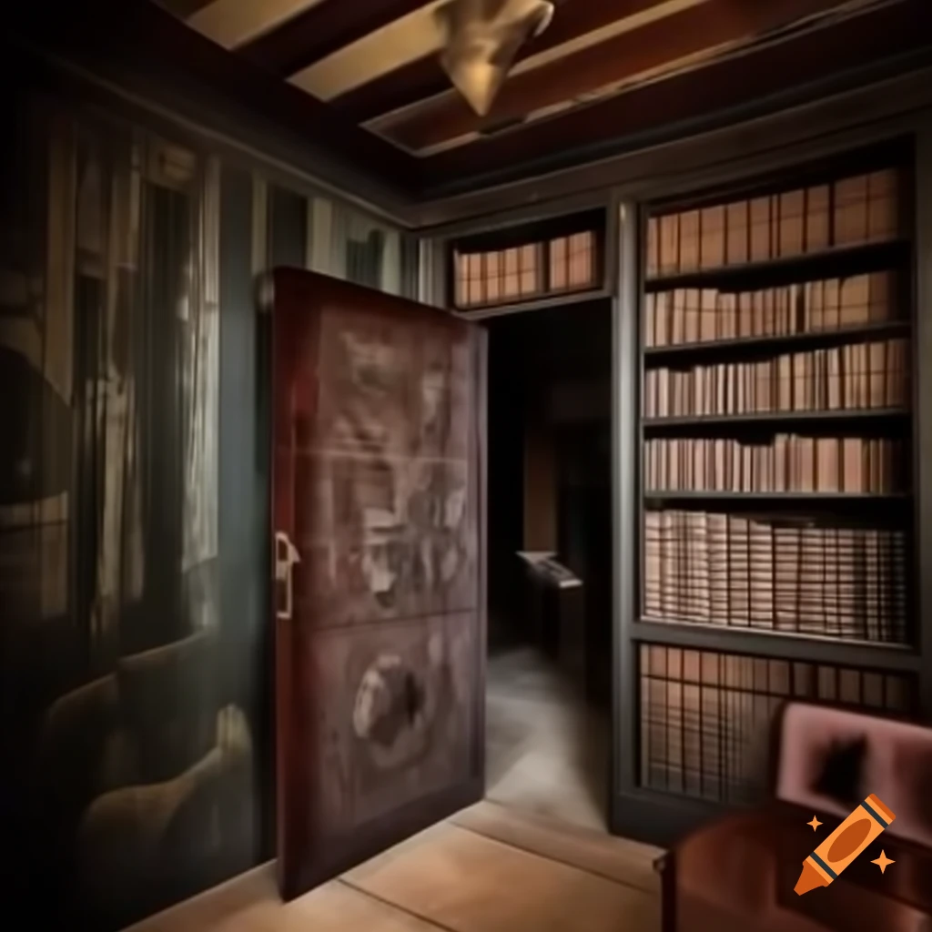 Hidden door behind bookshelf in old mansion, suitable for phone wallpaper