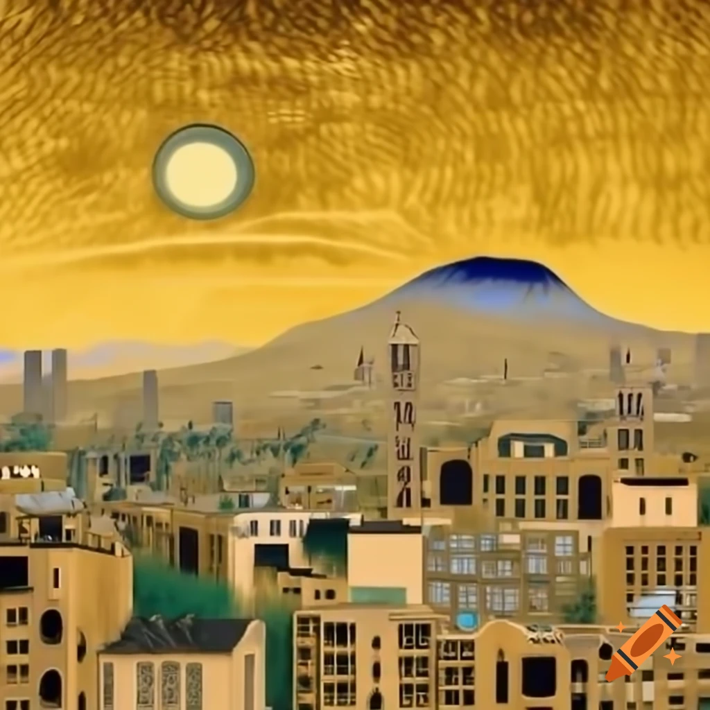 Tehran skyline illustrated in Klimt's artistic style