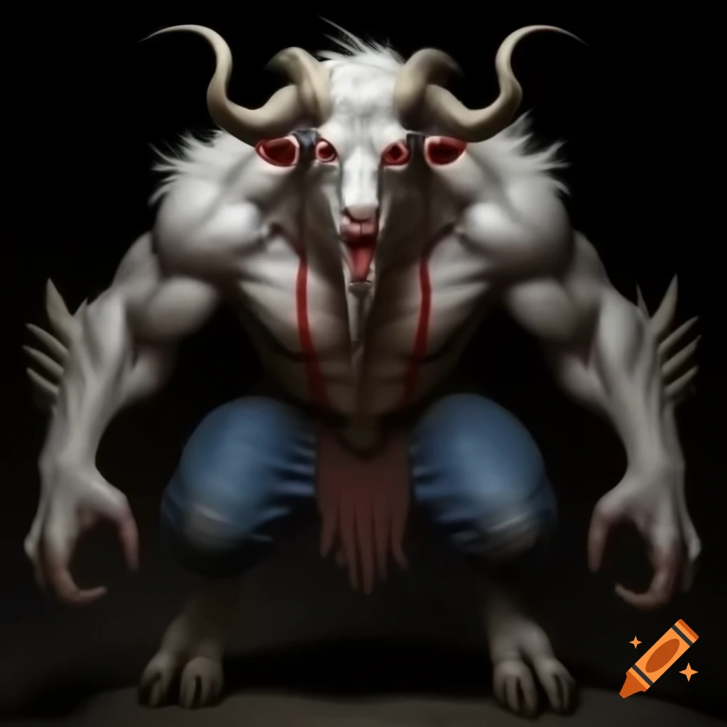 Realistic depiction of a strong goat-headed demon with large horns and muscular build