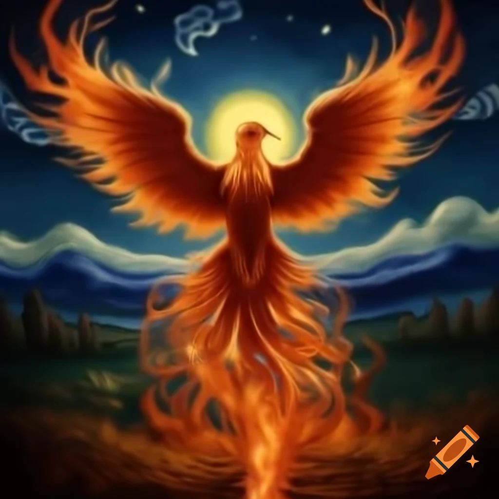 Phoenix with flames against sun, dark sky, and bright stars in Van Gogh style