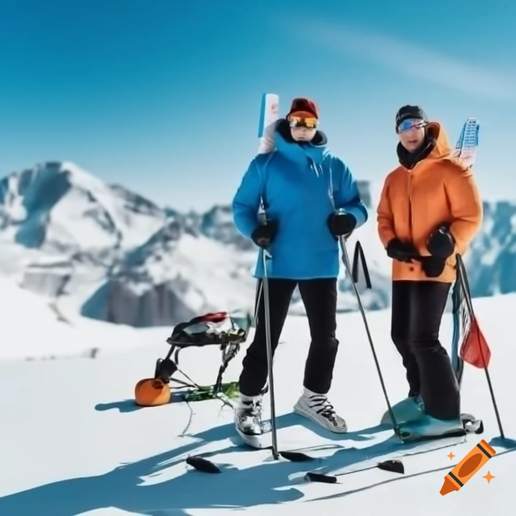 Two men in ski gear on snowy mountain with clear blue sky