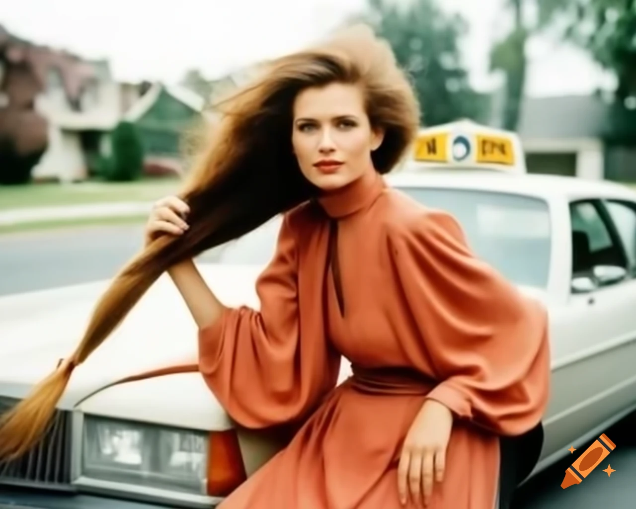 Woman in terracotta dress with long brown hair posing by taxi, 70s photography