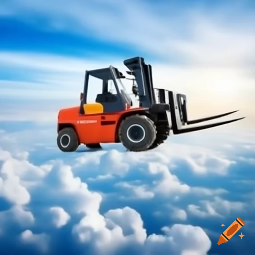 Forklift soaring above the clouds
