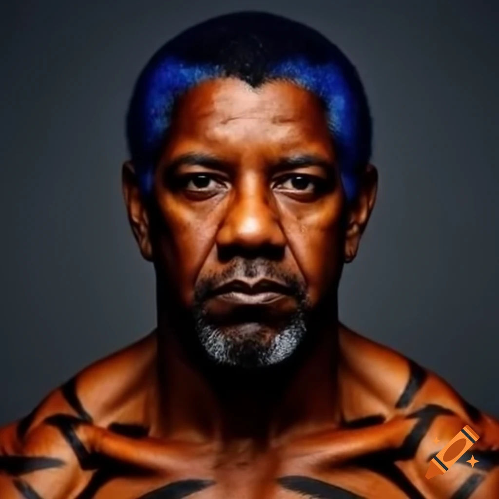 Muscular figure resembling Denzel Washington with tiger-style makeup and blue hair