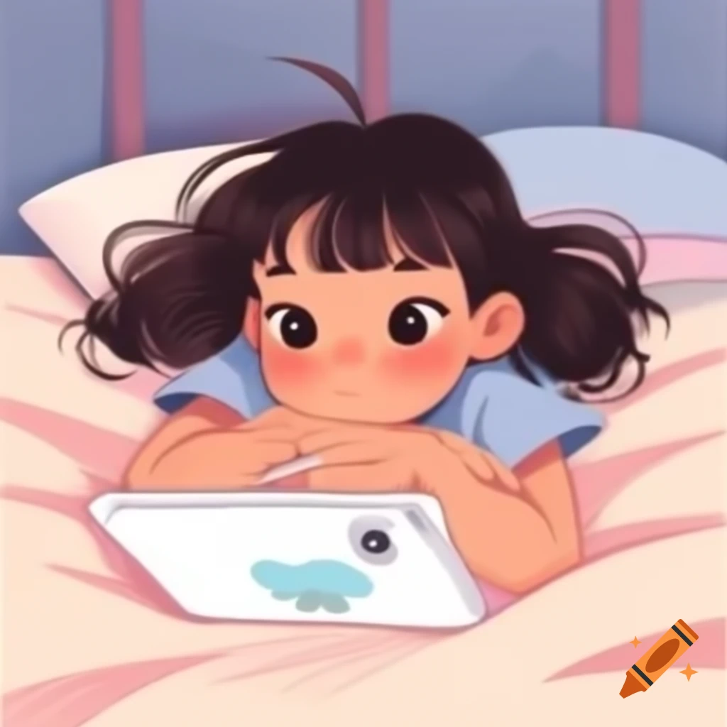 Cute girl lying on bed watching anime on iPad, simple drawing style