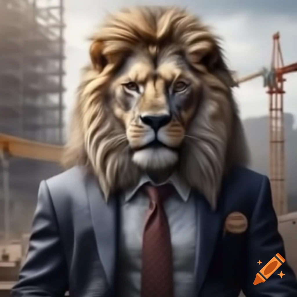 Charismatic lion in suit as civil engineer with construction site background